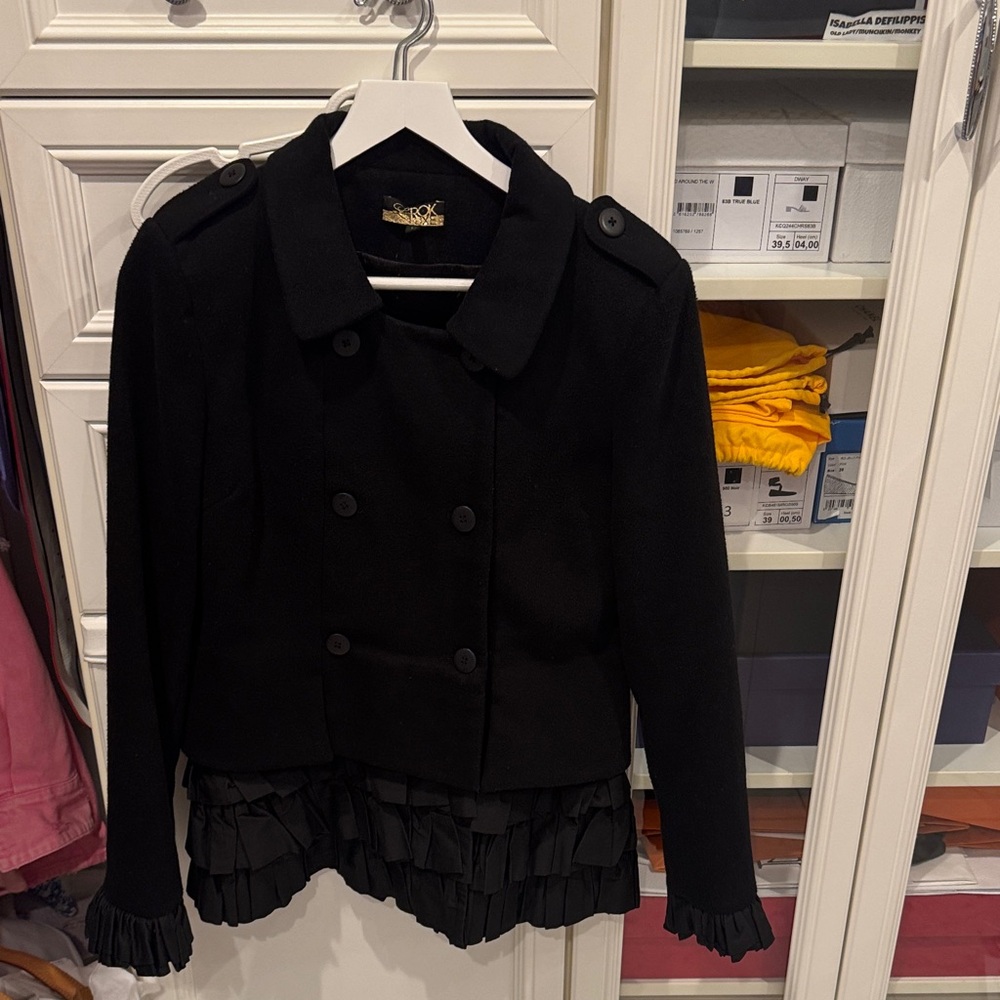 LaRok Black Double-Breasted Pea Coat with Ruffle Hem